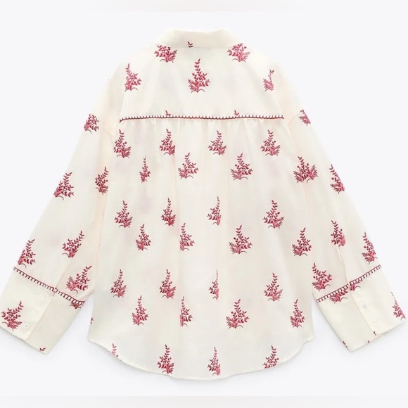 ZARA L Women’s Blouse Embroidered Button Down Shirt Ivory Red Floral Boho wb - Picture 6 of 12